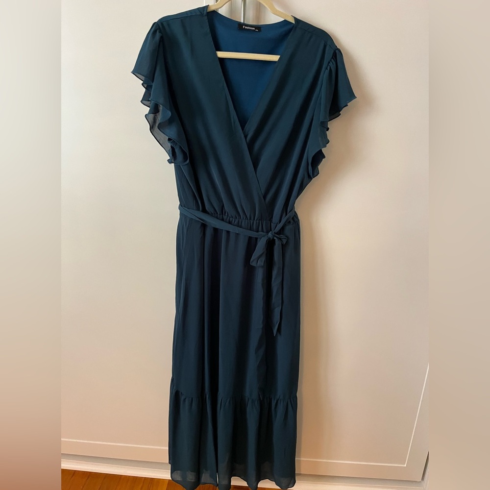 Teal V-Neck Flutter Sleeve Midi Dress XXL